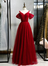 A-Line Burgundy Tulle V-neck Long Prom Dress